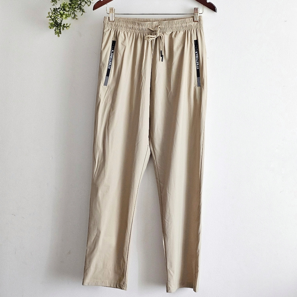 Beige Stretch Active Pants Women M Elastic Waist Drawstring Athleisure Jogger